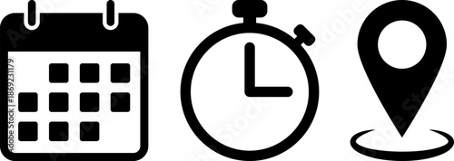 Time management icons set - calendar, stopwatch, and location