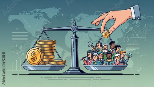 Scales of justice balancing money and people representing economic inequality and social disparity concept illustration for finance and