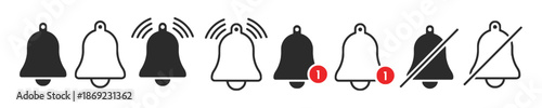 Set of Notification Bell Icons with Sound and Mute Symbols Alert Alarm Reminder New Message Notice Ringing Notification Line