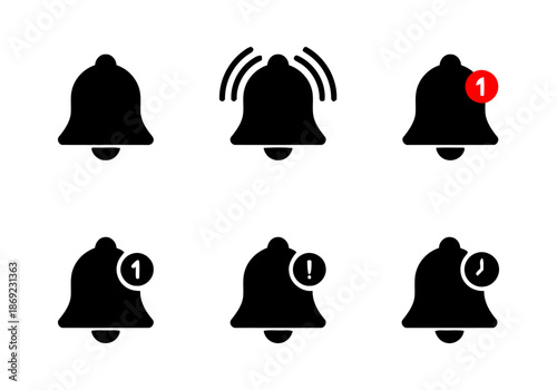Set of notification bell ringing icons with different element on white background