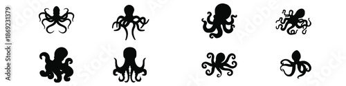 Set of octopus black silhouette sea animal isolated on white ocean wildlife underwater marine nature creature logo icon illustration