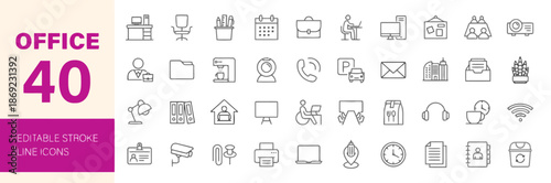 Set of Office Line Icons Editable Stroke Workplace Business Work Desk Computer Chair Calendar Meeting Documents Coffee Project Management Employee Tools Communication