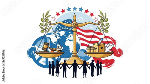 Scales of justice with global symbols American flag and diverse people holding hands concept for law and order democracy and internatio
