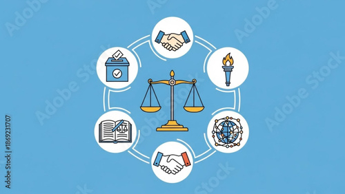 Justice and law concept with scales handshake ballot box and torch icons representing fairness and democracy in flat design