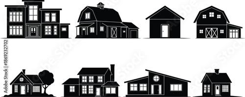Black silhouette of house and building set, variety of residential homes and farm barns in different architectural styles for real estate design