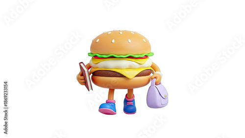 Anthropomorphic Burger Character Holding Book and Bag