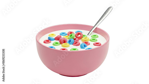 Bowl of colorful cereal with milk and a spoon