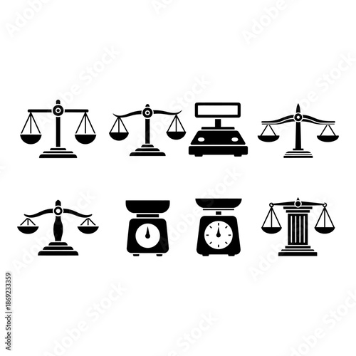 Scales Icons Set – Balance, Justice, Measurement and Business Symbols