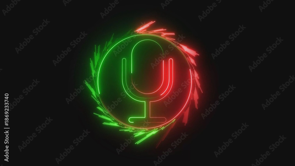 Fototapeta premium A neon microphone logo with green and red lights on a black background