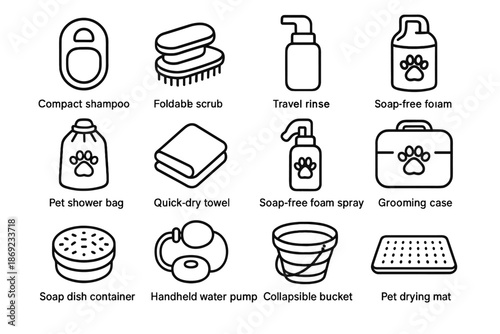 Foldable vector capsule bucket wash travel icon mat soap shampoo pet bottle