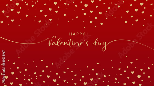 バレンタイン背景　ハッピーバレンタインの文字と金のハートのフレーム　赤背景