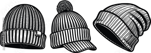 Knit beanie hat vector illustration set, winter wool caps with pom pom and visor, black and white engraved style fashion accessory design