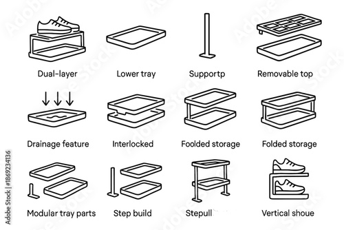 Shoe pillar dual lower folded tray feature rack vertical vector layer icon