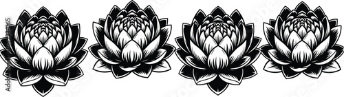 Lotus flower vector illustration set, layered symmetrical lotus blossoms in black and white, elegant botanical ornament, zen spiritual tattoo style design
