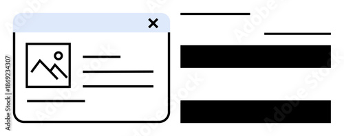 Web browser window with image thumbnail, text lines, and close button. Bold horizontal blocks highlight content sections. Ideal for web design, interface layouts, content creation, blogging, media