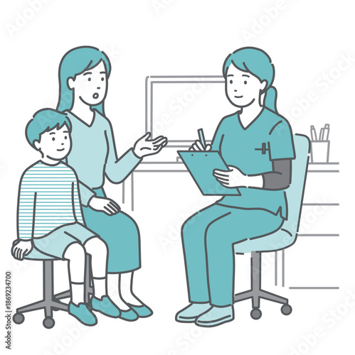 問診をする女性医師と親子（男の子・スクラブ・医療従事者）