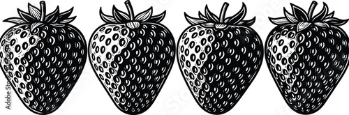 Strawberry seamless border illustration, ripe berry pattern design, vintage engraved style, bold monochrome vector artwork for food branding, packaging, textile backgrounds