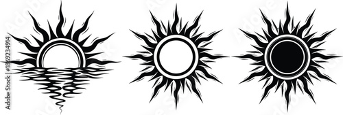Sun symbol vector illustration set, abstract tribal solar icons with sunrise reflection and eclipse variations, black and white mystical celestial artwork