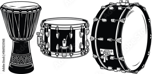 Traditional and modern drums vector illustration, djembe snare and bass drum, black and white percussion instruments isolated music rhythm design