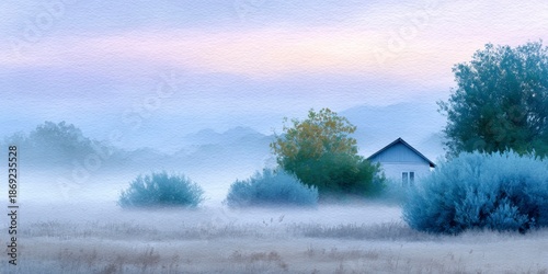 a beautiful autumn landscape with a field with trees and bushes on which there is a house, a foggy sky