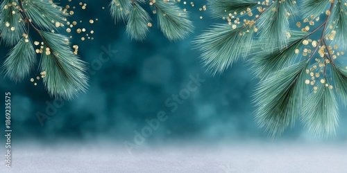 a dark teal background with christmas lights and pine branches framing the edges, with gold glittery accents