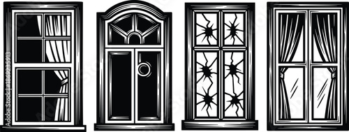 Vintage window and door vector illustration set, black and white architectural elements, classic home facade details, retro engraving style design art