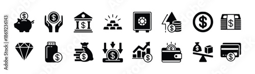 Set of Piggy Bank Financial Security Icons Such as Saving Bank Gold Safe Diamond Investment Piggybank Wallet Credit Card Balance Security