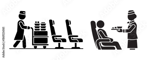 Airline Meal Service Icons Set, Flight Attendant Serving Food to Passenger Black Vector Silhouette