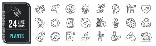 Set of Plants Line Icons Vector Illustration on White Background with Hand Energy Gear Bulb Earth Heart and Ecology Concept