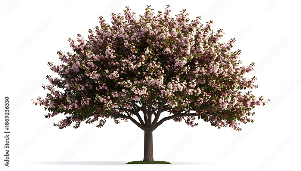 Obraz premium A blooming tree against a white background, showcasing pink blossoms