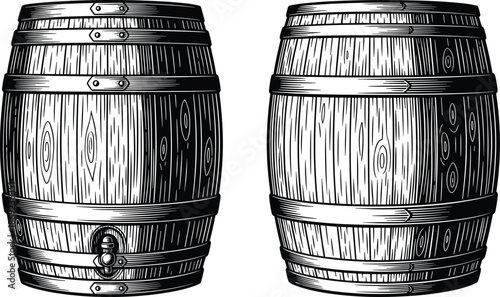 Vintage wooden barrels vector illustration, hand drawn oak wine and beer casks, black and white engraving style for packaging, branding, and labels