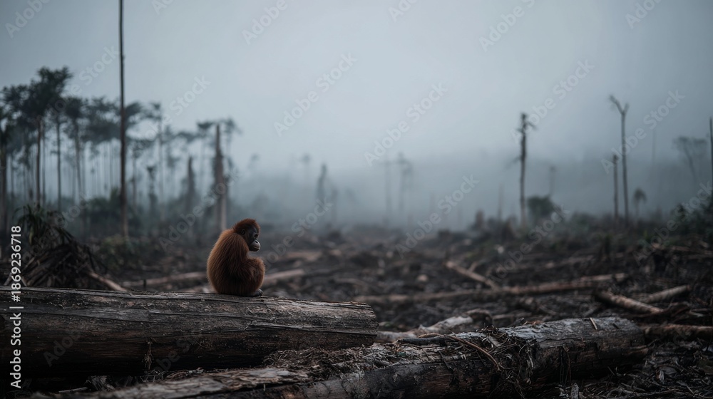 Fototapeta premium Heartbreaking scene of an orangutan amidst deforestation