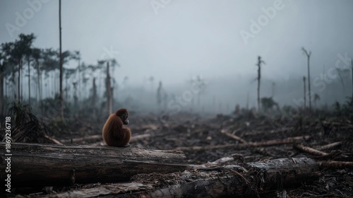 Heartbreaking scene of an orangutan amidst deforestation © Di Studio