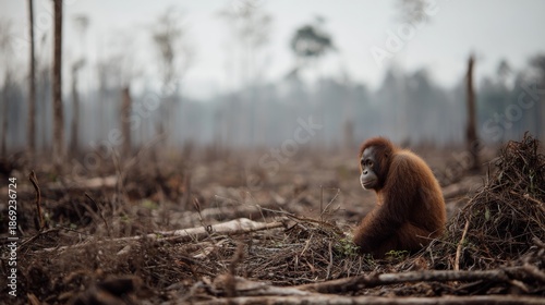 Heartbreaking scene of an orangutan amidst forest with copy space