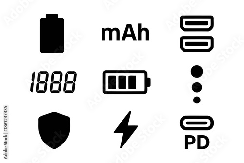 Set of power and battery line icons on white background