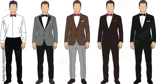 Male fashion vector illustration with men wearing formal tuxedo suits, bow ties, and dress shirts for wedding or gala events