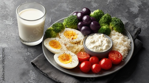 Fresh and Healthy Meal with Boiled Eggs, Tomatoes, Broccoli, Rice, and Yogurt on Gray Background