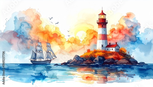 Watercolor illustration of a lighthouse and ship in the sea