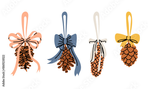 set of bright Christmas pendant decorations flat contours, decorated with pine cones and long decorative ribbons and bows. festive decorations for holiday greeting cards, tags, seasonal graphic design