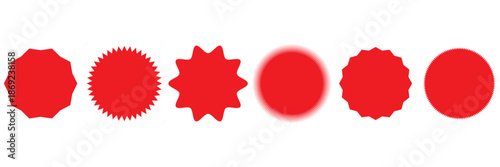 Red Abstract Badge Shape Icons Set. Collection of red abstract badge and starburst shapes used for labels, stickers, pricing tags, and graphic design elements.
