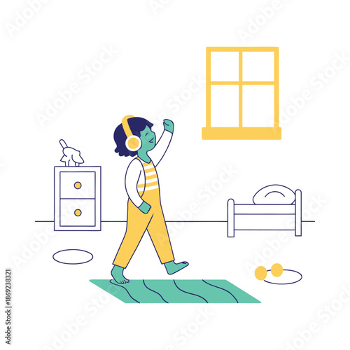 Happy child walking barefoot in room while listening to favorite songs on headphones