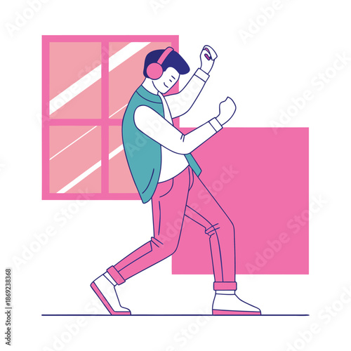 Energetic man in headphones dancing happily near window at home