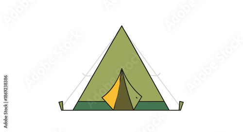 Stylized A-frame camping tent graphic, featuring subtle green shades and an inviting bright yellow opening, evokes simple outdoor living and
