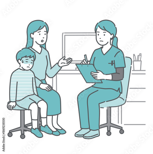 体調不良を訴える男の子と母親と女性医師・看護師（スクラブ・救急）