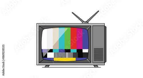Retro television set displaying a classic broadcast signal interruption illustration featuring vibrant color test pattern graphics representing