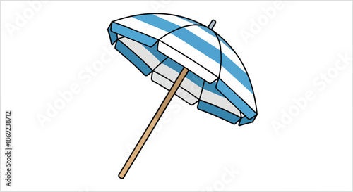Vibrant blue and white striped parasol providing essential shade for a perfect summer holiday escape or relaxing beach vacation. Delightful graphic