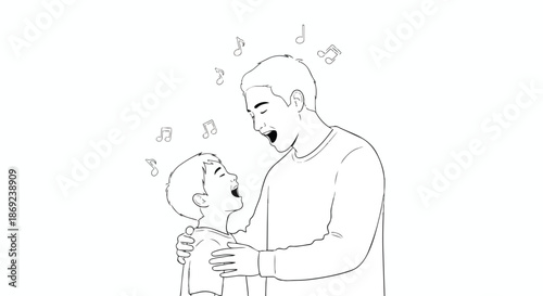Joyful intergenerational harmony, father and son creating music together, expressing pure happiness through song