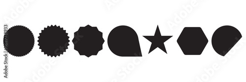 Black Abstract Badge Shape Icons Set. Collection of black abstract badge and starburst shapes used for labels, stickers, pricing tags, and graphic design elements.
