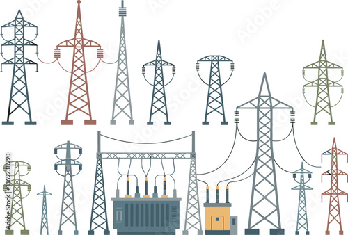 Electric power transmission towers and substation equipment flat vector illustration, energy infrastructure collection for electricity grid engineering design