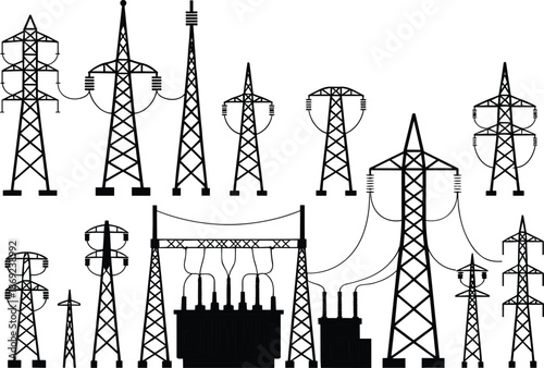 Electric power transmission towers and substation equipment flat vector illustration, energy infrastructure collection for electricity grid engineering design